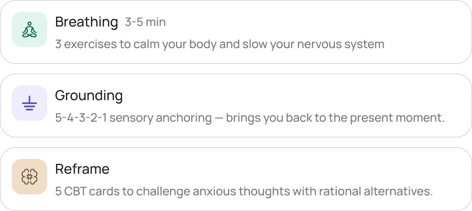Calming toolkit: breathing, grounding, reframe