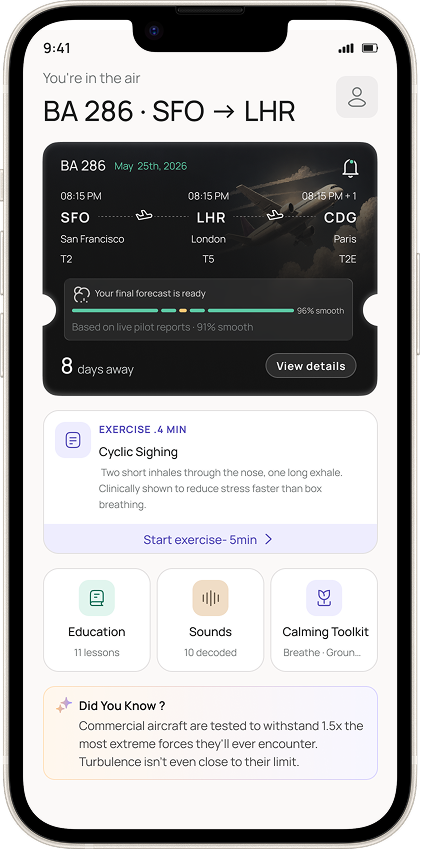 The Paperplane app home screen showing an upcoming flight, calming exercises and tools